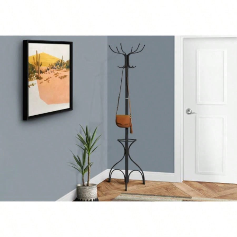 Coat Rack, Hall Tree, Standing, 12 Hooks, Entryway, 70h, Holder, Bedroom, Black Metal, Transitional