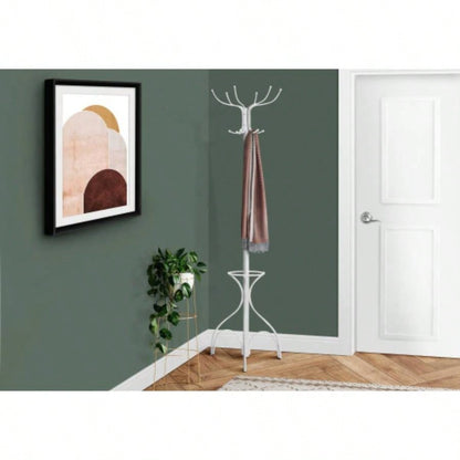 Coat Rack, Hall Tree, Standing, 12 Hooks, Entryway, 70h, Holder, Bedroom, White Metal, Contemporary, Modern