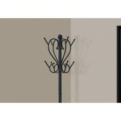 Coat Rack, Hall Tree, Standing, 8 Hooks, Entryway, 71h, Holder, Bedroom, Black Metal, Transitional
