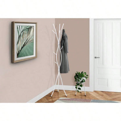 Coat Rack, Hall Tree, Standing, 11 Hooks, Entryway, 74h, Bedroom, White Metal, Contemporary, Modern