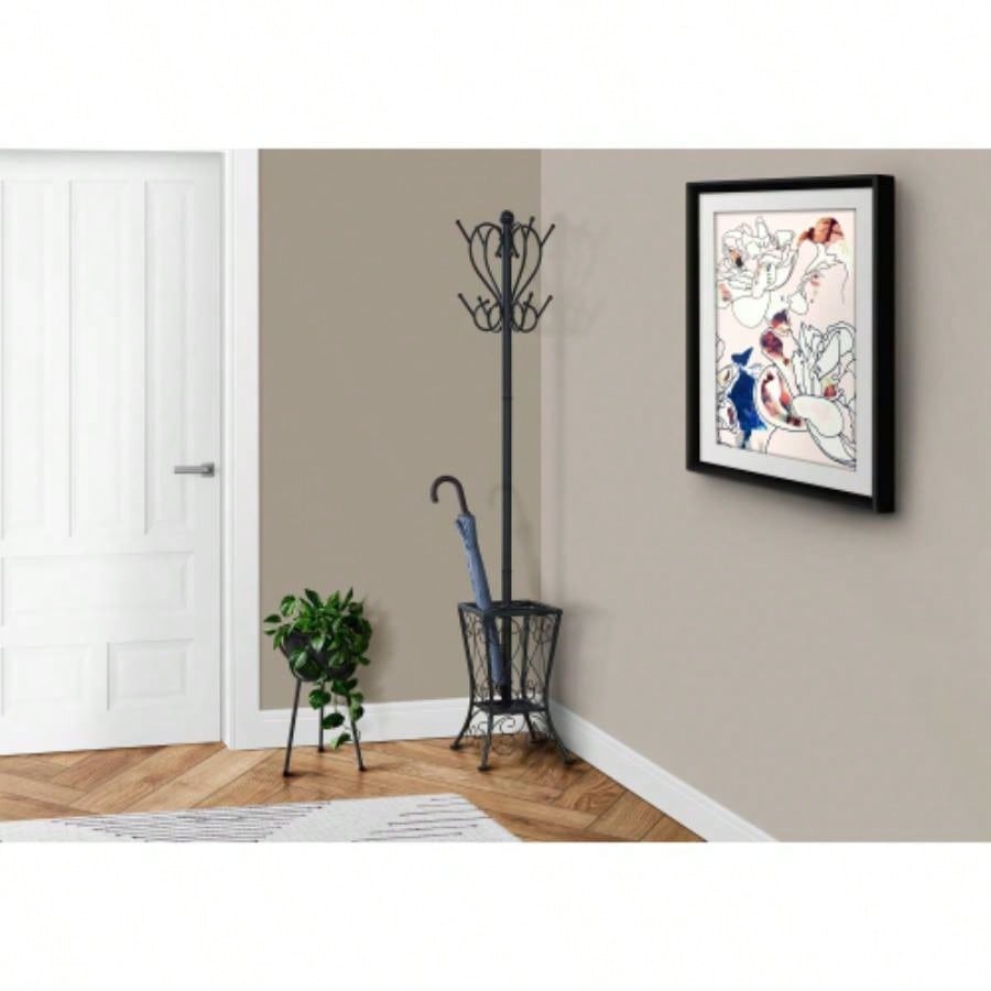 Coat Rack, Hall Tree, Standing, 8 Hooks, Entryway, 71h, Holder, Bedroom, Black Metal, Transitional