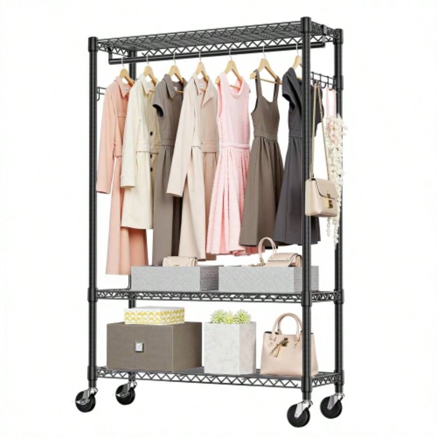 Rolling Clothes Rack Heavy Duty, 3 - Tier Garment Rack on Wheels Hanging Clothes with 1 Rod, Metal Freestanding Adjustable Wardrobe Closet Organizer, 45.3x 15. Dx 75.6 H, Black