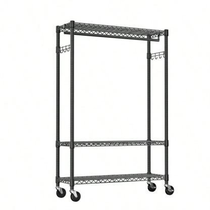 Rolling Clothes Rack Heavy Duty, 3 - Tier Garment Rack on Wheels Hanging Clothes with 1 Rod, Metal Freestanding Adjustable Wardrobe Closet Organizer, 45.3x 15. Dx 75.6 H, Black