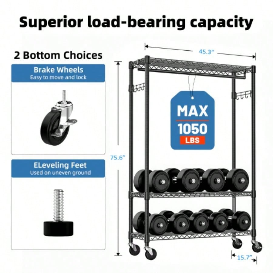 Rolling Clothes Rack Heavy Duty, 3 - Tier Garment Rack on Wheels Hanging Clothes with 1 Rod, Metal Freestanding Adjustable Wardrobe Closet Organizer, 45.3x 15. Dx 75.6 H, Black
