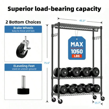 Rolling Clothes Rack Heavy Duty, 3 - Tier Garment Rack on Wheels Hanging Clothes with 1 Rod, Metal Freestanding Adjustable Wardrobe Closet Organizer, 45.3x 15. Dx 75.6 H, Black