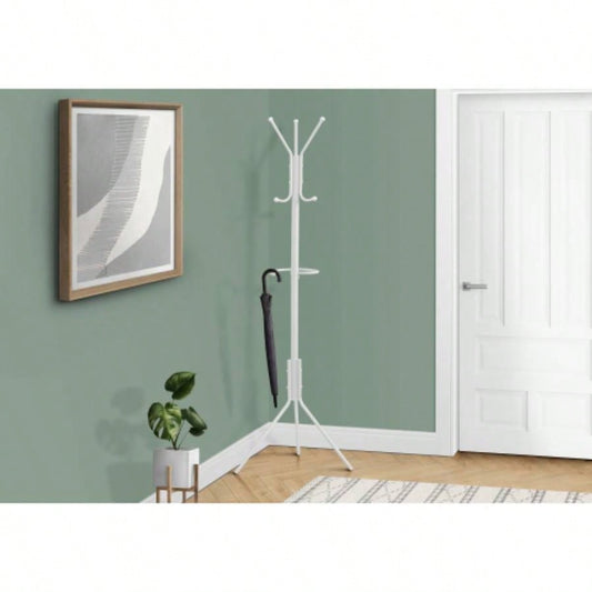 Coat Rack, Hall Tree, Standing, Hanging Bar, 6 Hooks, Entryway, 68h, Bedroom, White Metal, Contemporary, Modern