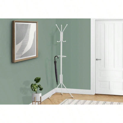 Coat Rack, Hall Tree, Standing, Hanging Bar, 6 Hooks, Entryway, 68h, Bedroom, White Metal, Contemporary, Modern