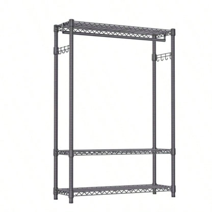 Heavy Duty Garment Rack, Freestanding Clothing Rack Hanging Clothes with 1 Rod, 3 Tiers Side Hooks, Adjustable Metal Wardrobe Closet Organizer, 45.3x 15. Dx 72.4 H, Dark