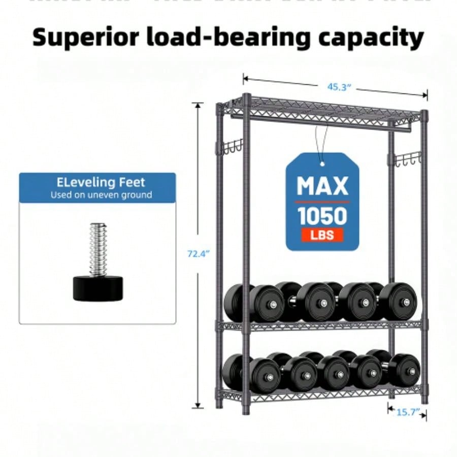 Heavy Duty Garment Rack, Freestanding Clothing Rack Hanging Clothes with 1 Rod, 3 Tiers Side Hooks, Adjustable Metal Wardrobe Closet Organizer, 45.3x 15. Dx 72.4 H, Dark