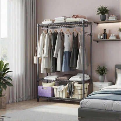 Heavy Duty Garment Rack, Freestanding Clothing Rack Hanging Clothes with 1 Rod, 3 Tiers Side Hooks, Adjustable Metal Wardrobe Closet Organizer, 45.3x 15. Dx 72.4 H, Dark