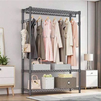 Heavy Duty Garment Rack, Freestanding Clothing Rack Hanging Clothes with 1 Rod, 3 Tiers Side Hooks, Adjustable Metal Wardrobe Closet Organizer, 45.3x 15. Dx 72.4 H, Dark