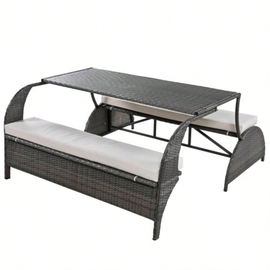 USTYLE 2 - in - 1 Convertible Picnic Upholstered Table, 57.1 Outdoor Loveseat, Portable Picnic Table Couch, Convertible To 4 Seats1 Table, Garden, Lawn, Backyard, Porch, Patio