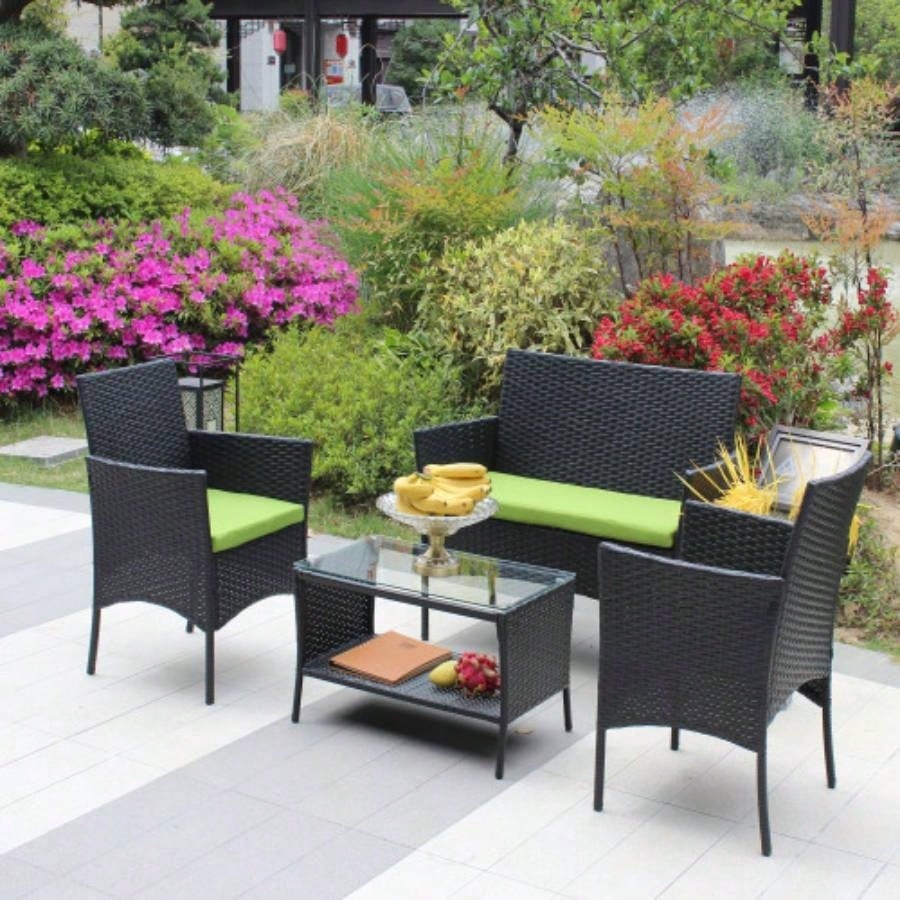4 PC Rattan Patio Furniture Set Outdoor Patio Cushioned Wicker Sofa green Cushion