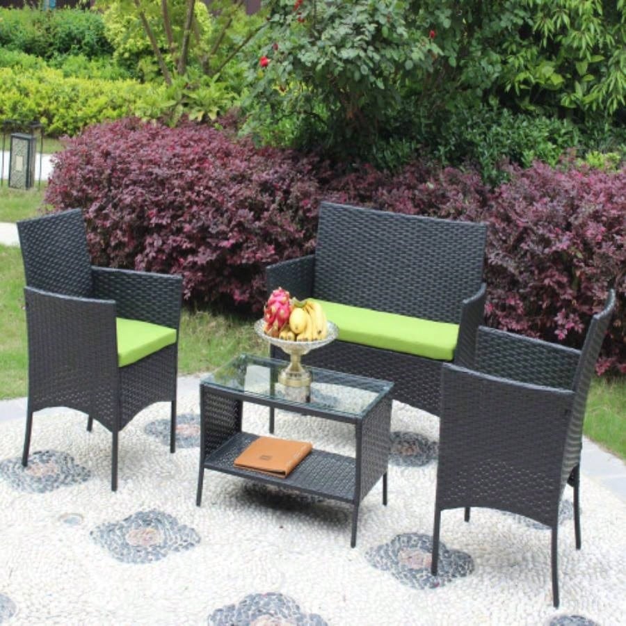 4 PC Rattan Patio Furniture Set Outdoor Patio Cushioned Wicker Sofa green Cushion