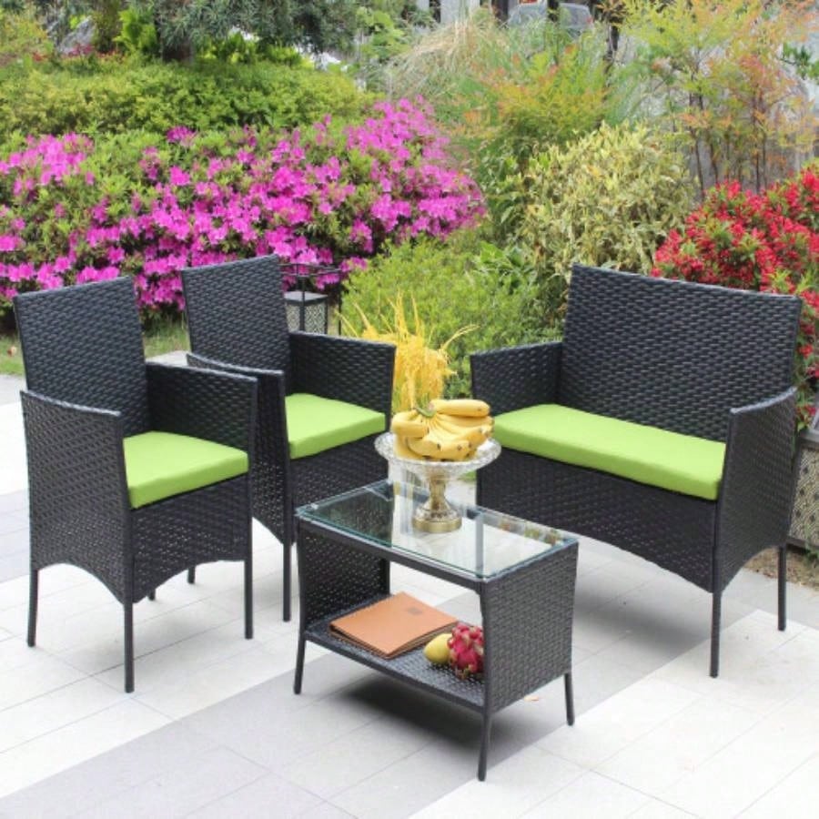 4 PC Rattan Patio Furniture Set Outdoor Patio Cushioned Wicker Sofa green Cushion