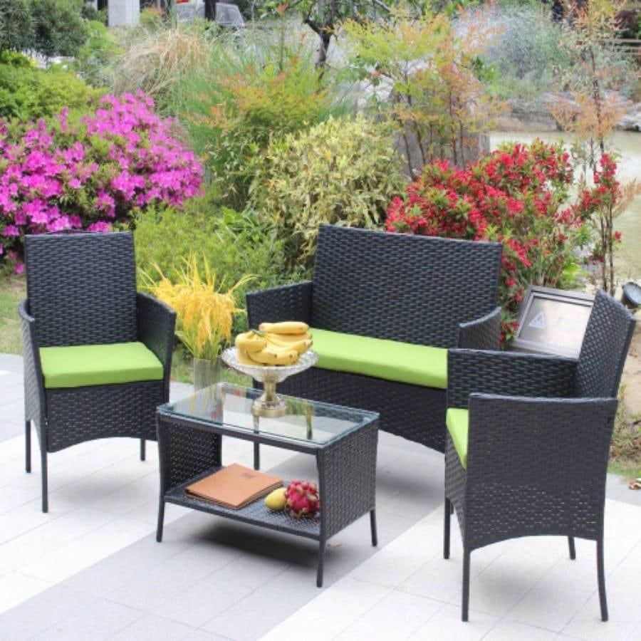 4 PC Rattan Patio Furniture Set Outdoor Patio Cushioned Wicker Sofa green Cushion