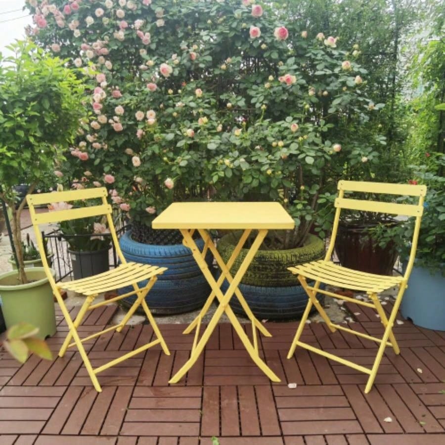 3 Piece Patio Bistro Set of Foldable Square Table and Chairs, Yellow