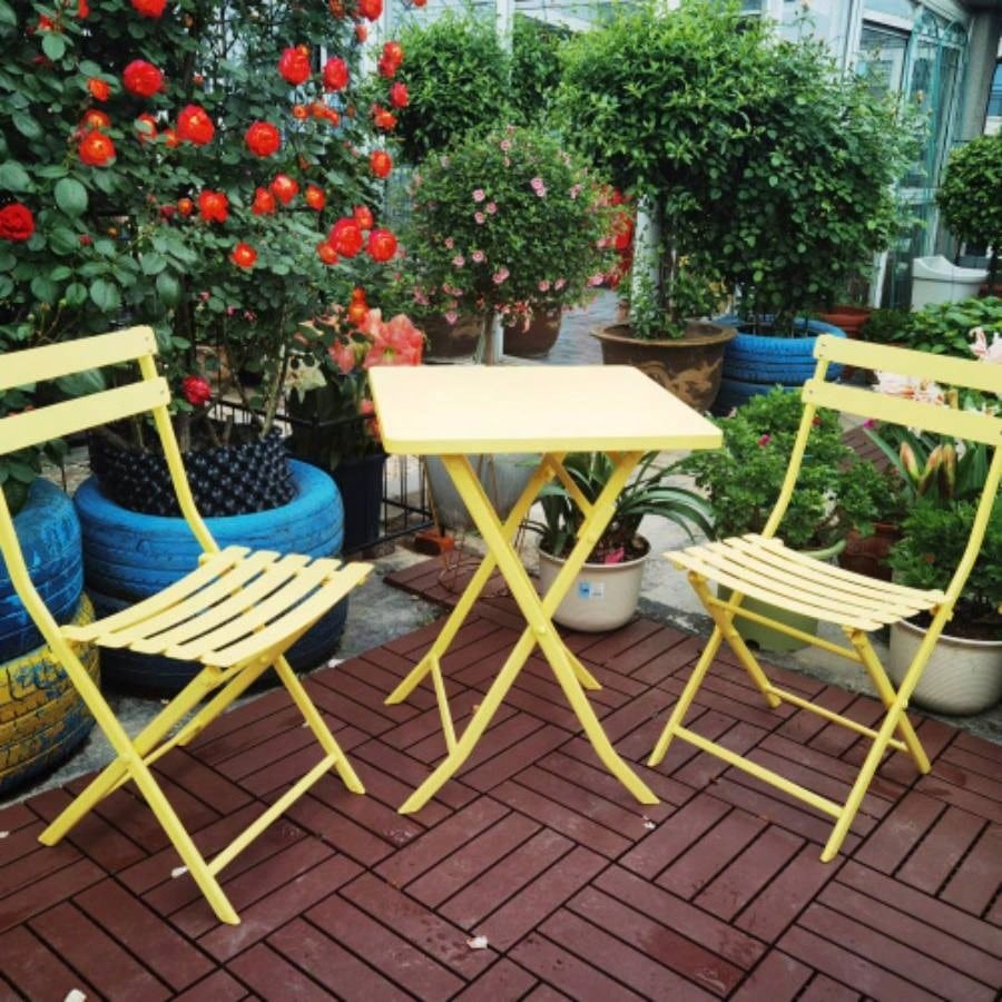 3 Piece Patio Bistro Set of Foldable Square Table and Chairs, Yellow