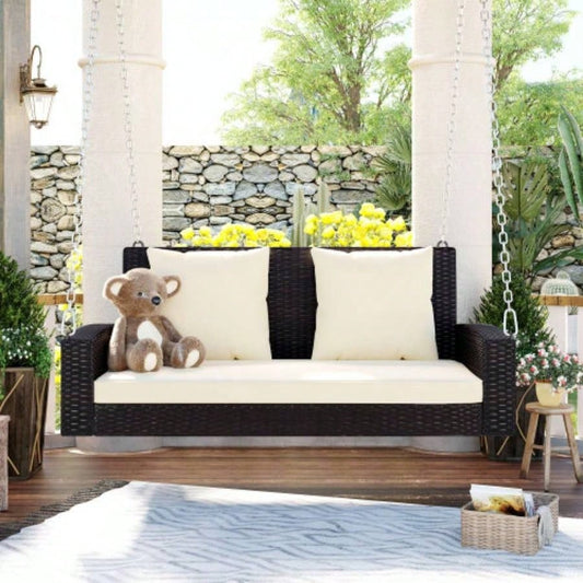 GO 2 - Person Wicker Hanging Porch Swing with Chains, Cushion, Pillow, Rattan Swing Garden, Backyard, Pond. Gray Wicker, Blue Cushion