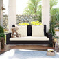 GO 2 - Person Wicker Hanging Porch Swing with Chains, Cushion, Pillow, Rattan Swing Garden, Backyard, Pond. Gray Wicker, Blue Cushion