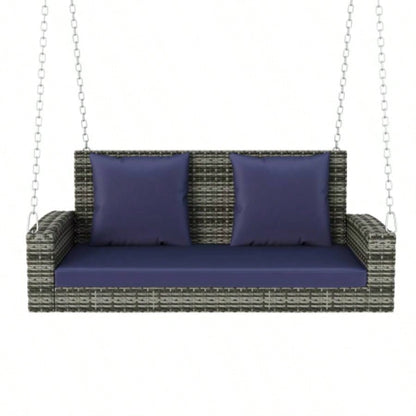 GO 2 - Person Wicker Hanging Porch Swing with Chains, Cushion, Pillow, Rattan Swing Garden, Backyard, Pond. Gray Wicker, Blue Cushion