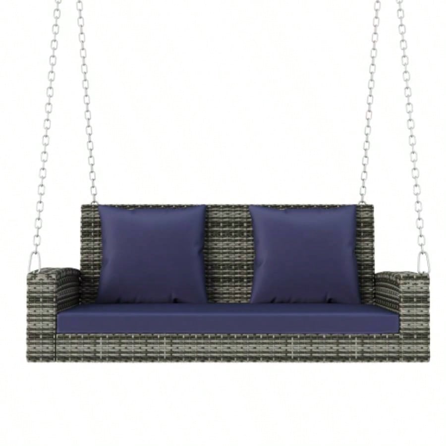 GO 2 - Person Wicker Hanging Porch Swing with Chains, Cushion, Pillow, Rattan Swing Garden, Backyard, Pond. Gray Wicker, Blue Cushion