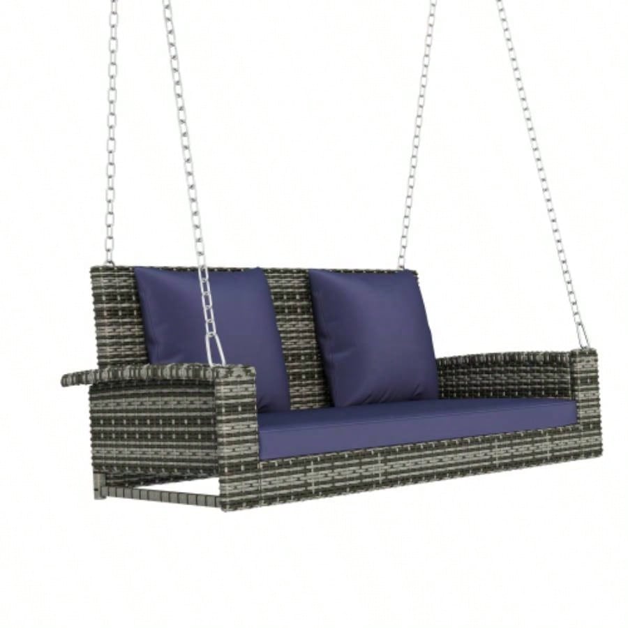 GO 2 - Person Wicker Hanging Porch Swing with Chains, Cushion, Pillow, Rattan Swing Garden, Backyard, Pond. Gray Wicker, Blue Cushion