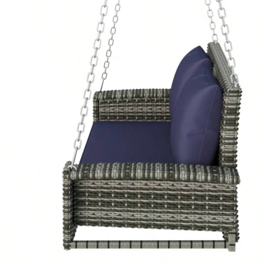 GO 2 - Person Wicker Hanging Porch Swing with Chains, Cushion, Pillow, Rattan Swing Garden, Backyard, Pond. Gray Wicker, Blue Cushion