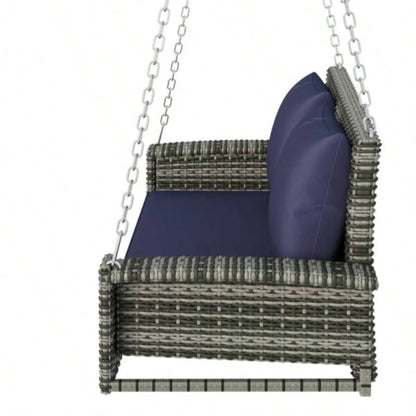 GO 2 - Person Wicker Hanging Porch Swing with Chains, Cushion, Pillow, Rattan Swing Garden, Backyard, Pond. Gray Wicker, Blue Cushion