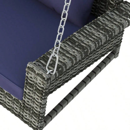 GO 2 - Person Wicker Hanging Porch Swing with Chains, Cushion, Pillow, Rattan Swing Garden, Backyard, Pond. Gray Wicker, Blue Cushion
