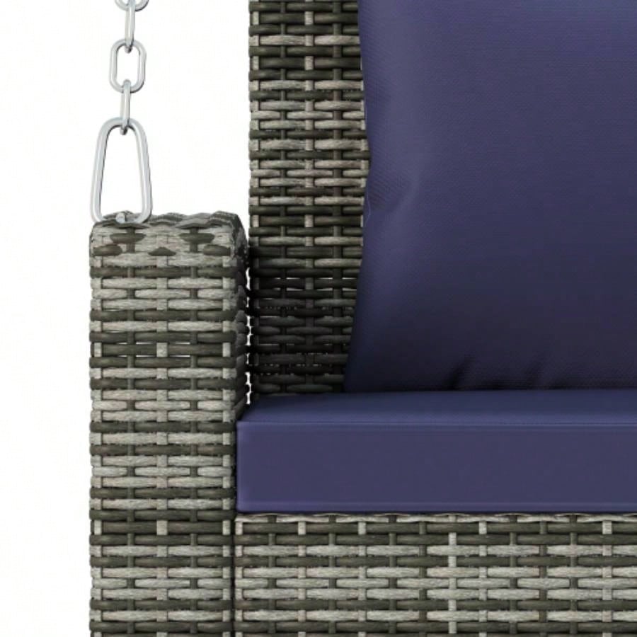 GO 2 - Person Wicker Hanging Porch Swing with Chains, Cushion, Pillow, Rattan Swing Garden, Backyard, Pond. Gray Wicker, Blue Cushion