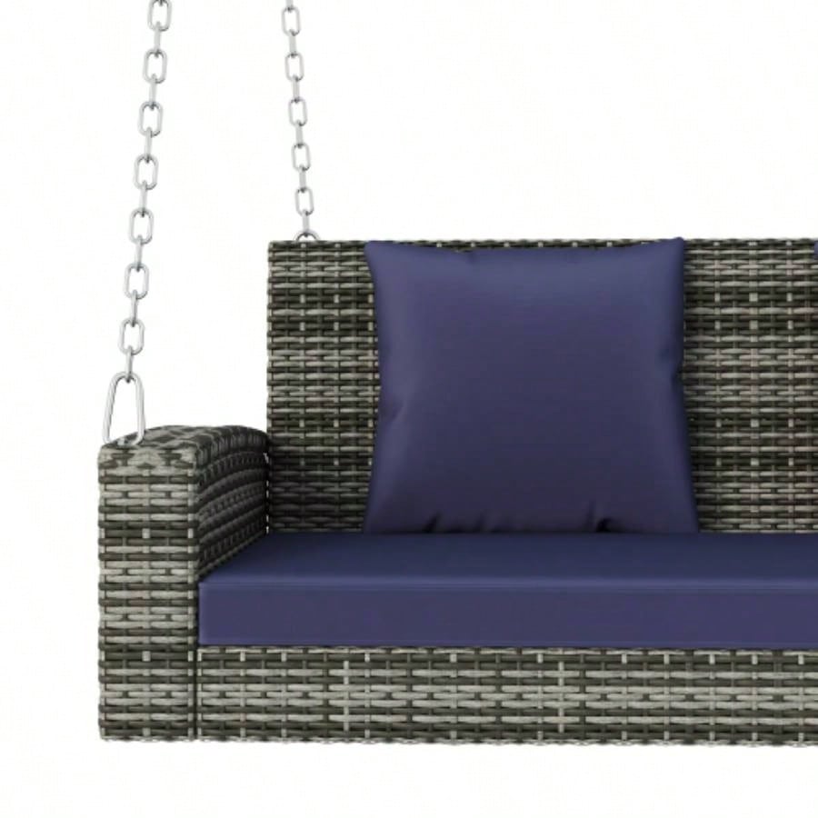 GO 2 - Person Wicker Hanging Porch Swing with Chains, Cushion, Pillow, Rattan Swing Garden, Backyard, Pond. Gray Wicker, Blue Cushion