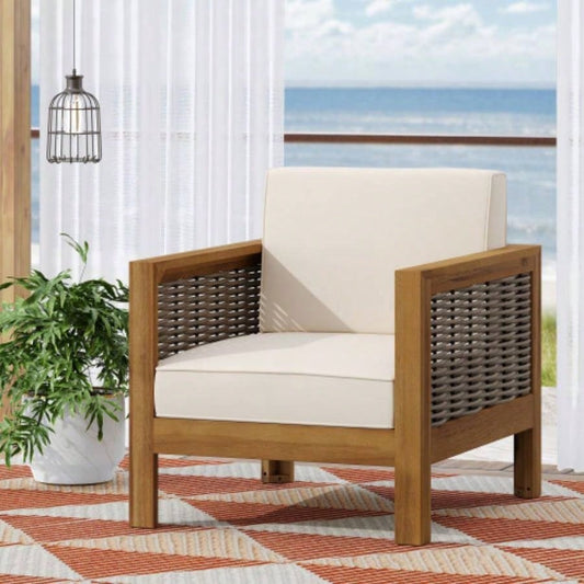 Outdoor Acacia Wood Club Chair with Wicker Accents, Gray+ Mixed Gray+ Brown, 30.25Dx 27.5x 23.75H