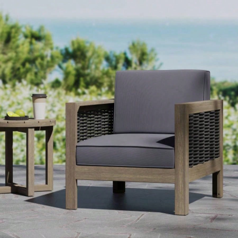 Outdoor Acacia Wood Club Chair with Wicker Accents, Gray+ Mixed Gray+ Brown, 30.25Dx 27.5x 23.75H