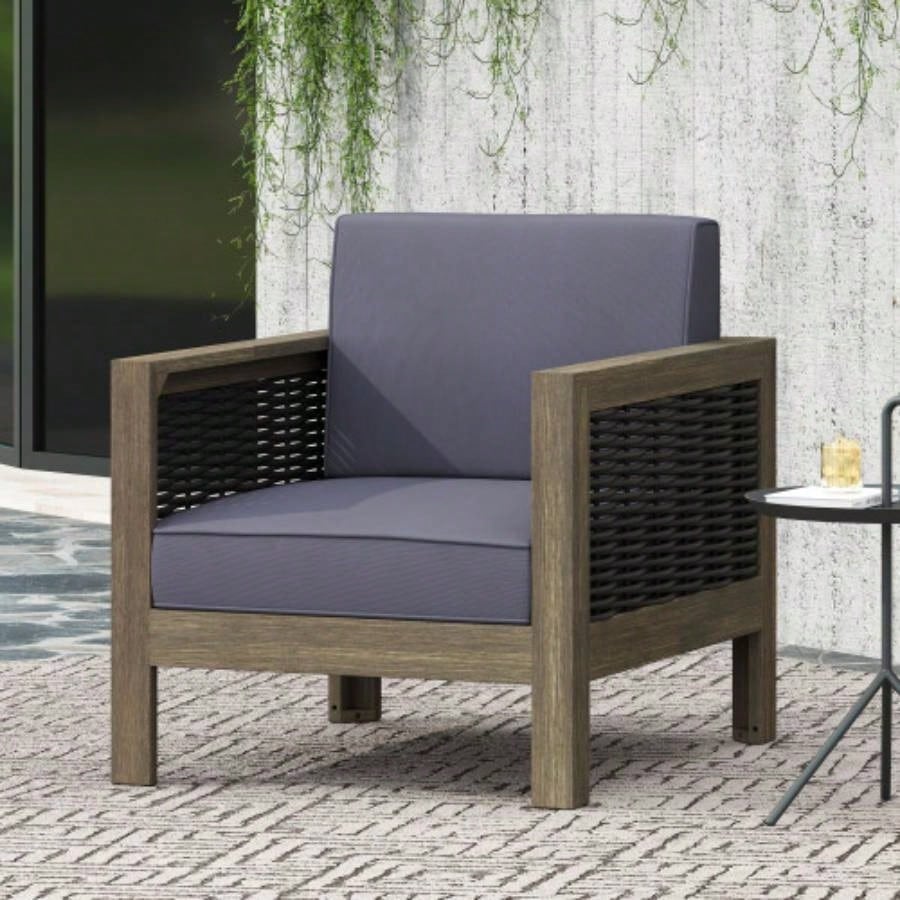 Outdoor Acacia Wood Club Chair with Wicker Accents, Gray+ Mixed Gray+ Brown, 30.25Dx 27.5x 23.75H