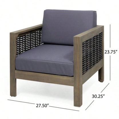 Outdoor Acacia Wood Club Chair with Wicker Accents, Gray+ Mixed Gray+ Brown, 30.25Dx 27.5x 23.75H