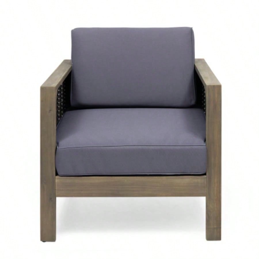 Outdoor Acacia Wood Club Chair with Wicker Accents, Gray+ Mixed Gray+ Brown, 30.25Dx 27.5x 23.75H