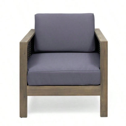Outdoor Acacia Wood Club Chair with Wicker Accents, Gray+ Mixed Gray+ Brown, 30.25Dx 27.5x 23.75H