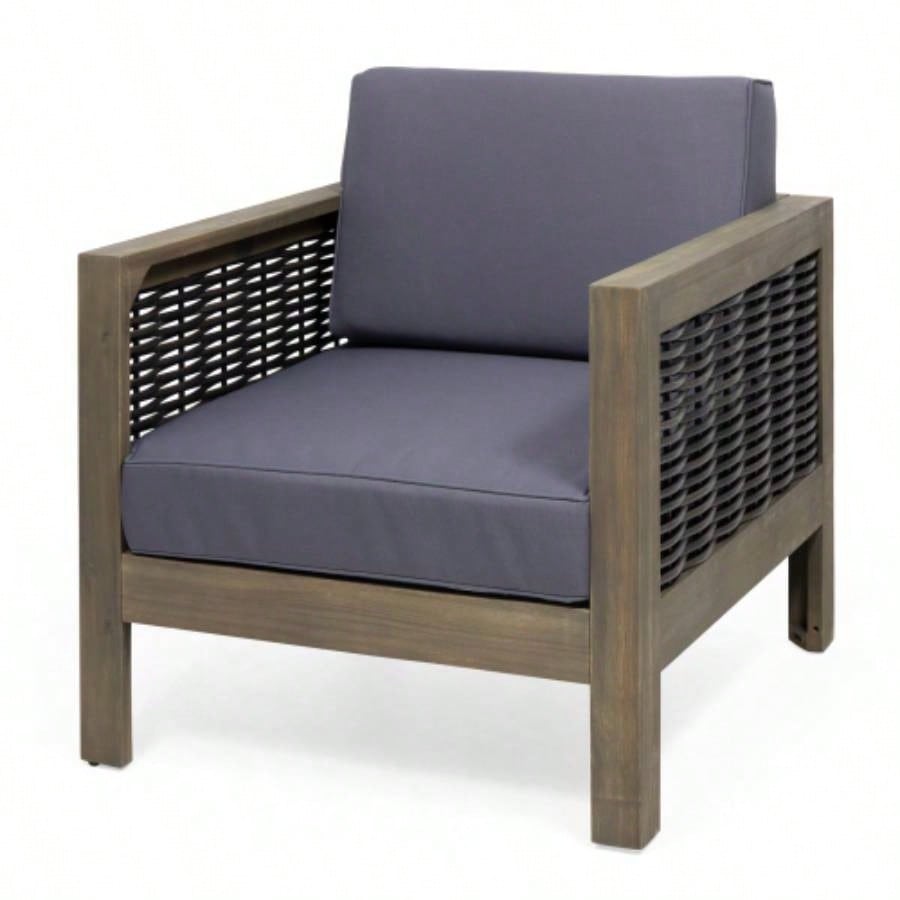 Outdoor Acacia Wood Club Chair with Wicker Accents, Gray+ Mixed Gray+ Brown, 30.25Dx 27.5x 23.75H
