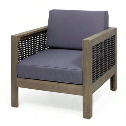 Outdoor Acacia Wood Club Chair with Wicker Accents, Gray+ Mixed Gray+ Brown, 30.25Dx 27.5x 23.75H