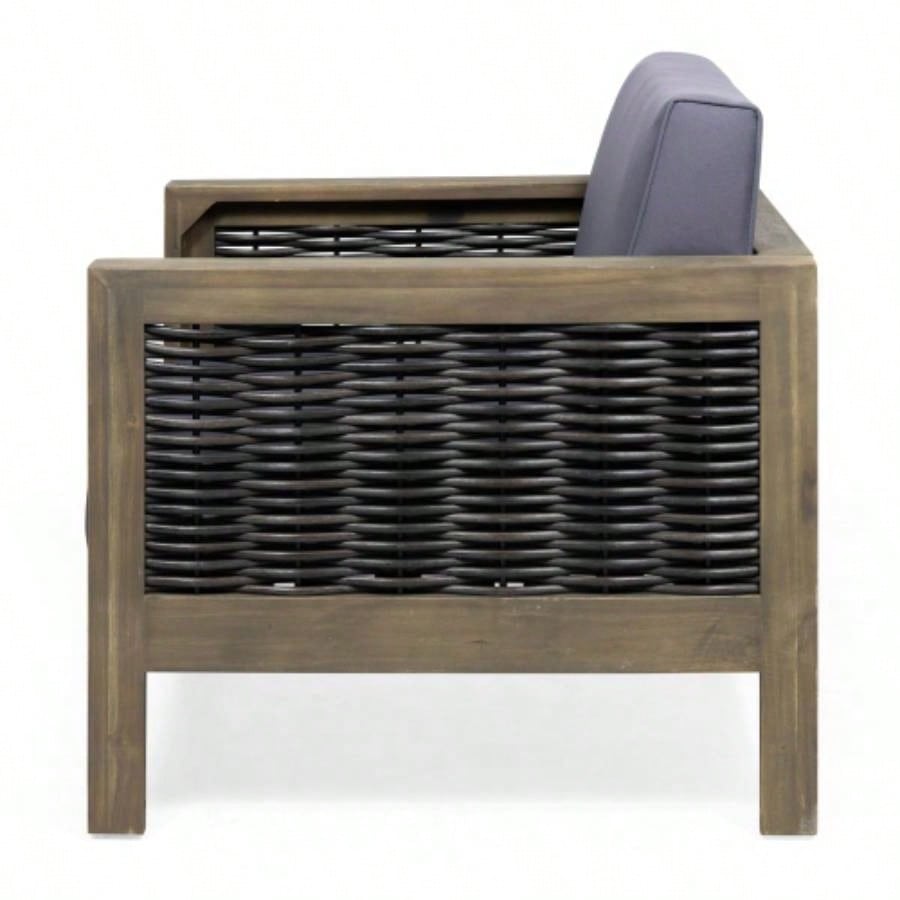 Outdoor Acacia Wood Club Chair with Wicker Accents, Gray+ Mixed Gray+ Brown, 30.25Dx 27.5x 23.75H