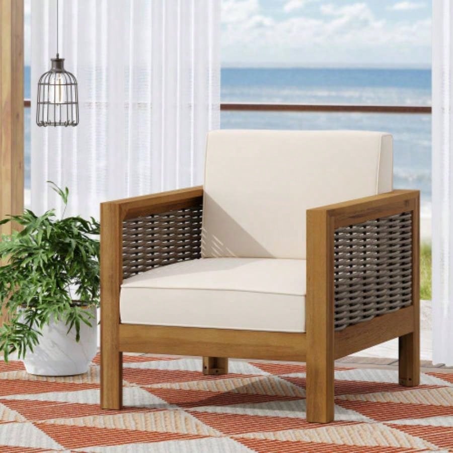 Outdoor Acacia Wood Club Chair with Wicker Accents, Gray+ Mixed Gray+ Brown, 30.25Dx 27.5x 23.75H