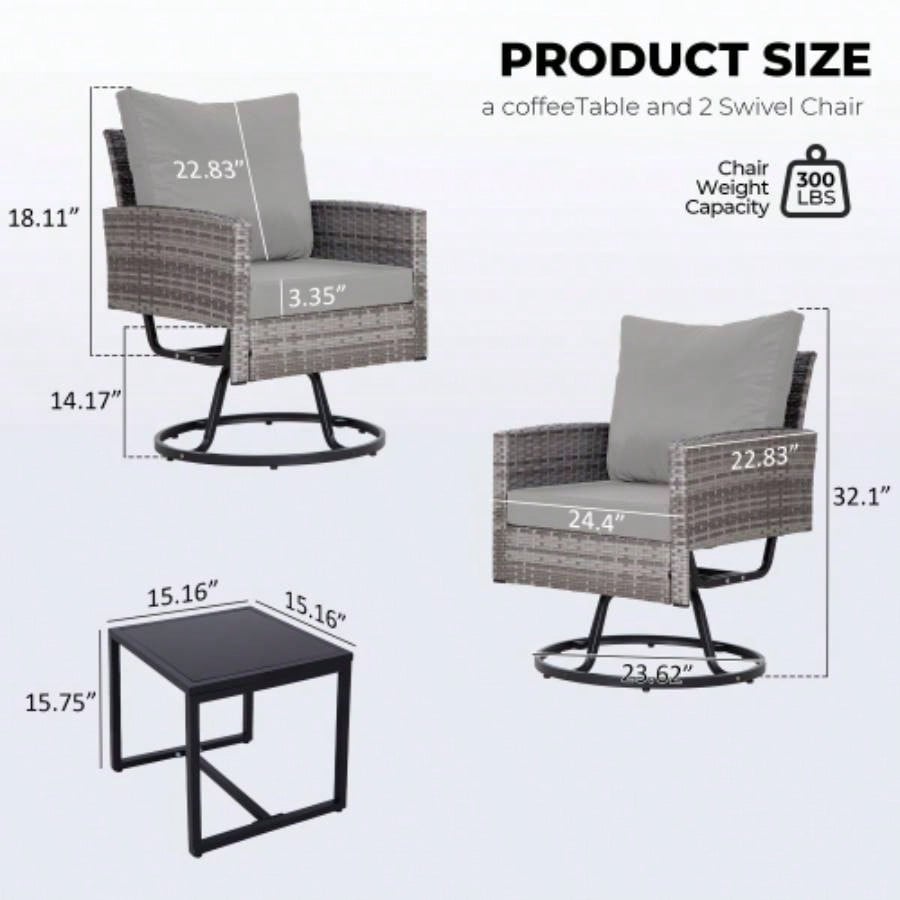 3 - Piece Wicker Patio Furniture Set Rattan Swivel Chairs with Coffee Table, Outdoor Seating Porch, Balcony, Garden Wicker/ Cushions
