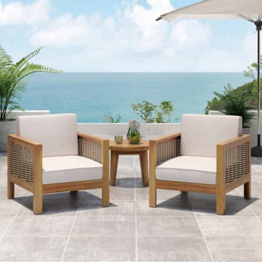 Outdoor Acacia Wood Club Chair with Wicker Accents, Gray+ Mixed Gray+ Brown, 30.25Dx 27.5x 23.75H