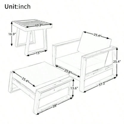 USTYLE Acacia Wood Outdoor Lounge Set - Chair and Ottoman with Removable Cushions, All - Weather Outdoor Chaise Lounge/Daybed, Patios, Balconies, and Gardens