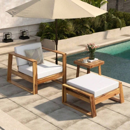 USTYLE Acacia Wood Outdoor Lounge Set - Chair and Ottoman with Removable Cushions, All - Weather Outdoor Chaise Lounge/Daybed, Patios, Balconies, and Gardens