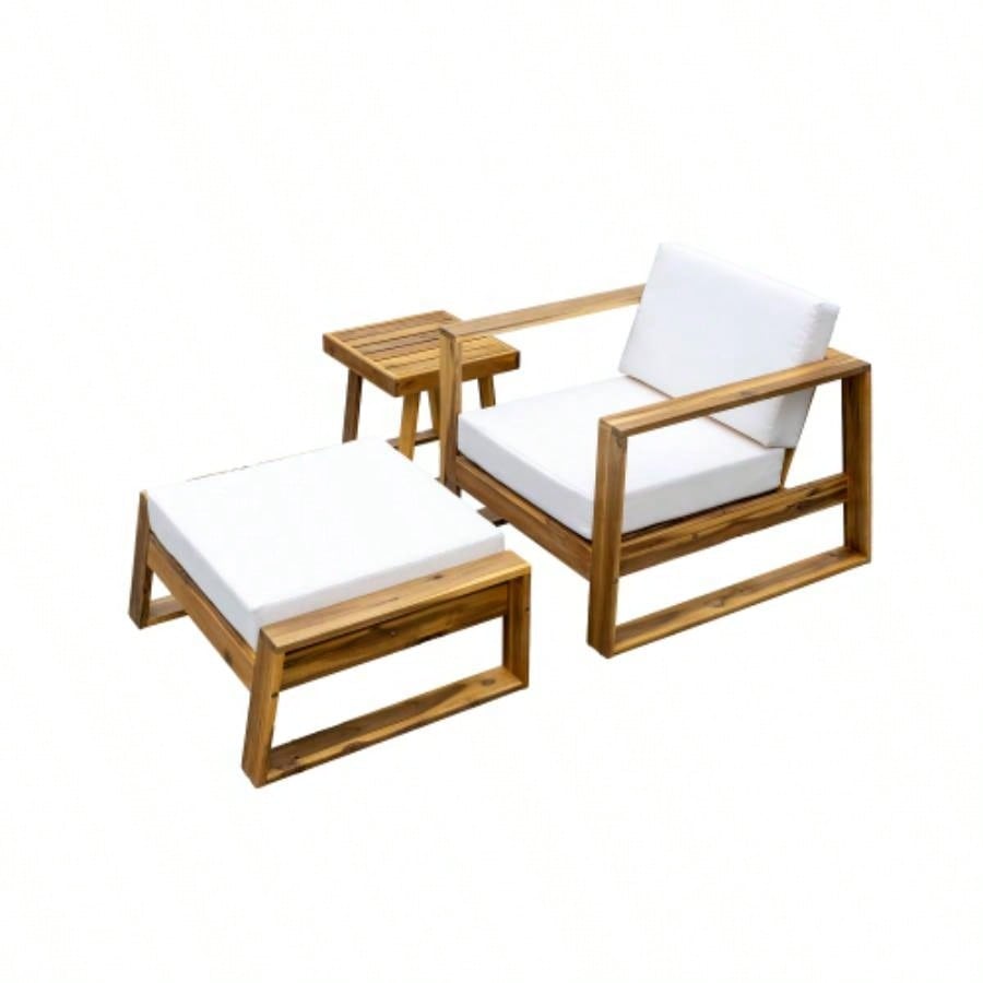 USTYLE Acacia Wood Outdoor Lounge Set - Chair and Ottoman with Removable Cushions, All - Weather Outdoor Chaise Lounge/Daybed, Patios, Balconies, and Gardens