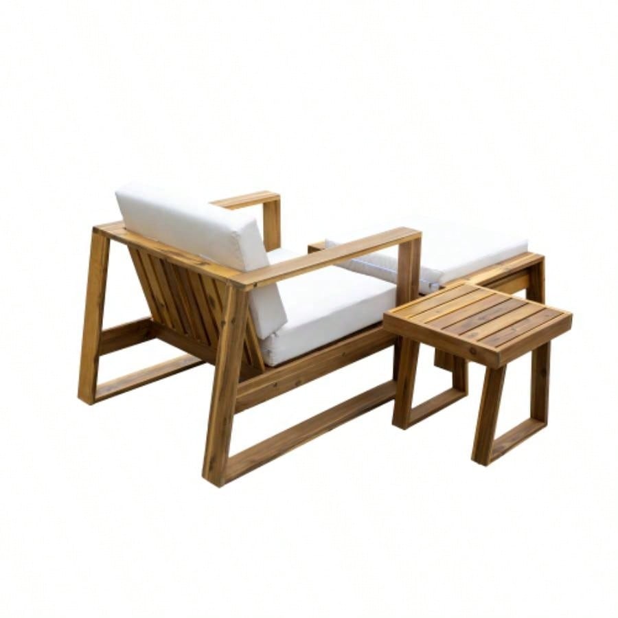 USTYLE Acacia Wood Outdoor Lounge Set - Chair and Ottoman with Removable Cushions, All - Weather Outdoor Chaise Lounge/Daybed, Patios, Balconies, and Gardens