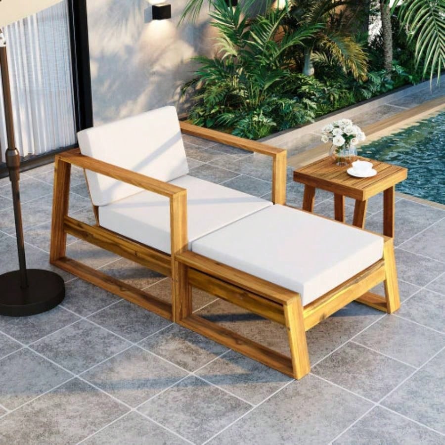 USTYLE Acacia Wood Outdoor Lounge Set - Chair and Ottoman with Removable Cushions, All - Weather Outdoor Chaise Lounge/Daybed, Patios, Balconies, and Gardens
