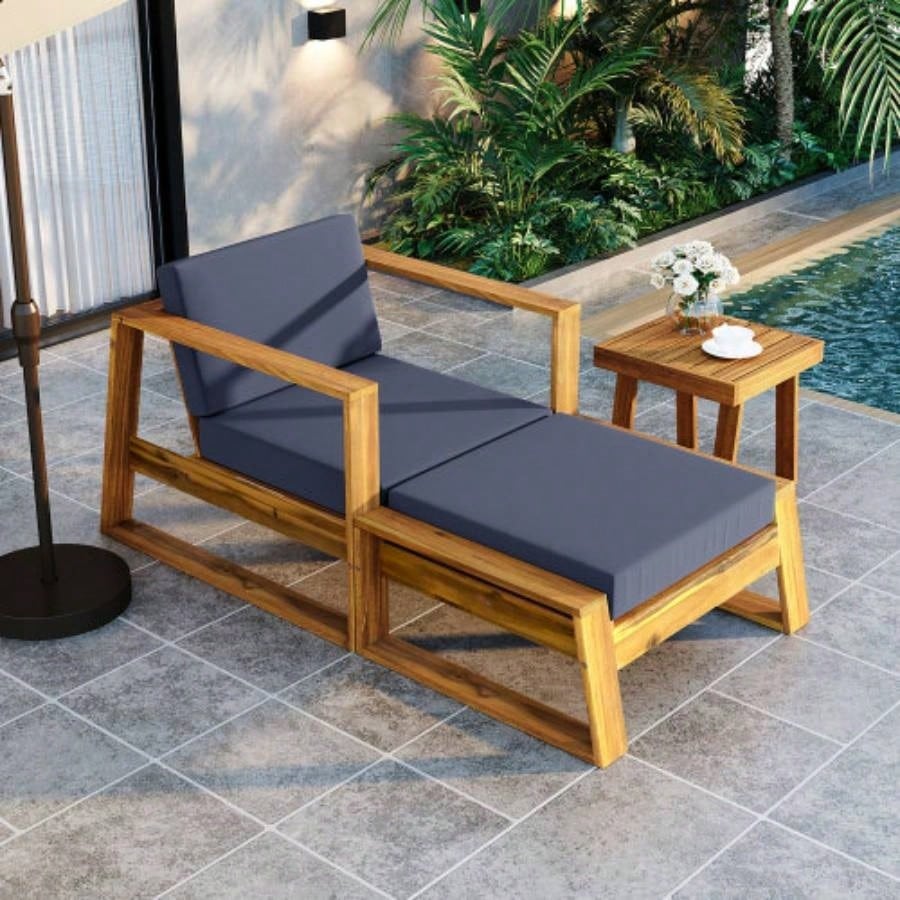 USTYLE Acacia Wood Outdoor Lounge Set - Chair and Ottoman with Removable Cushions, All - Weather Outdoor Chaise Lounge/Daybed, Patios, Balconies, and Gardens